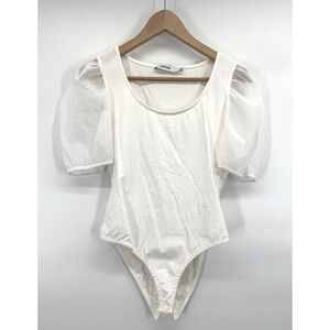 Womens Large Bodysuit White Sheer Puff Sleeve Cottagecore Coquette Balletcore